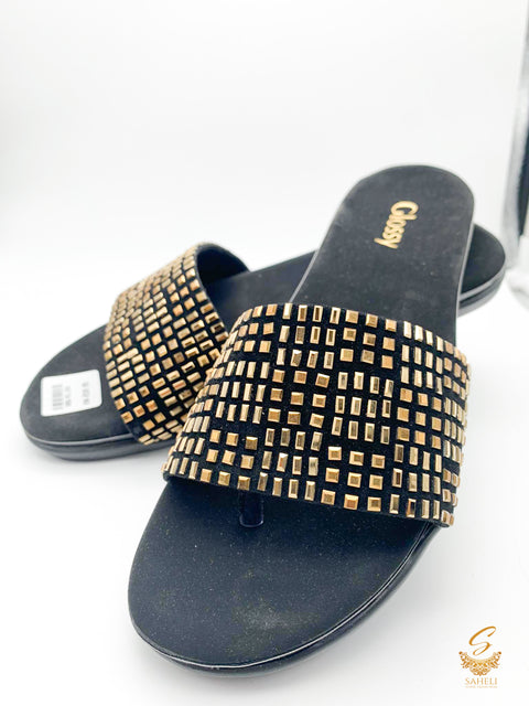 Shiny stone on black velvet soft cushion flats
