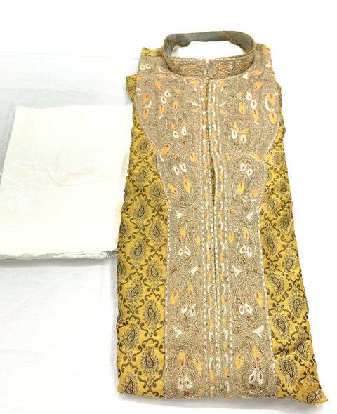 Mustard color men's embroidered neck kurta on brocade silk