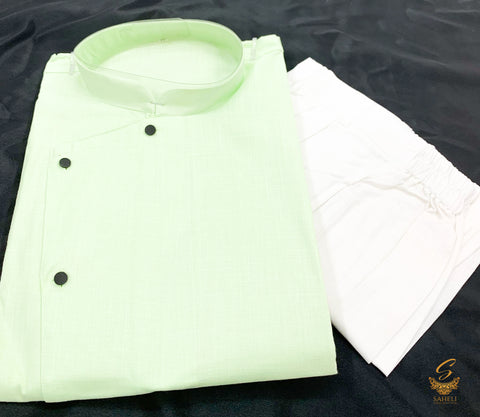 Lite lime green colour cotton linen based side cut style kurta with pents