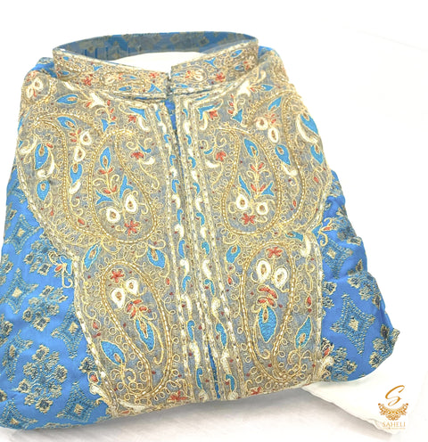 Sky blue color men's embroidered neck kurta on brocade silk