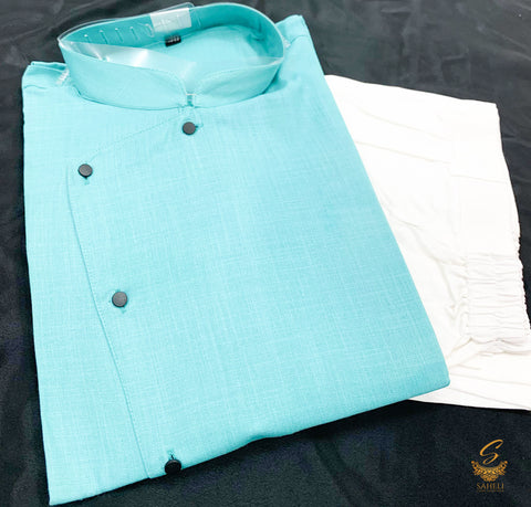 Lite blue colour cotton linen based side cut style kurta with pents