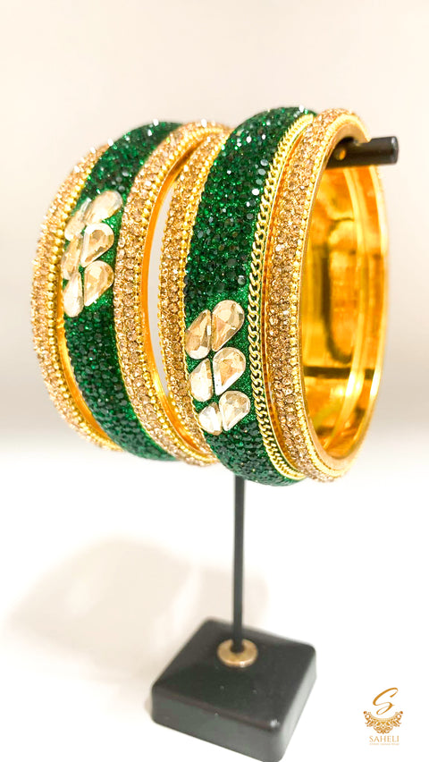 Dark green and golden colour brass bangles set
