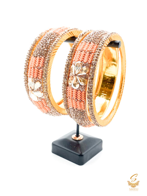 Peach and Golden stone brass bangles set