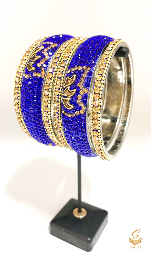 Royal blue  and golden stone brass bangles set