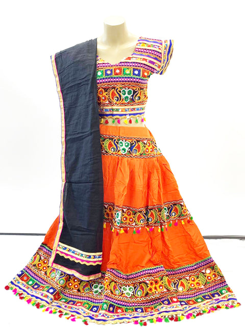 Orange colour cotton based chaniya choli with mirror work