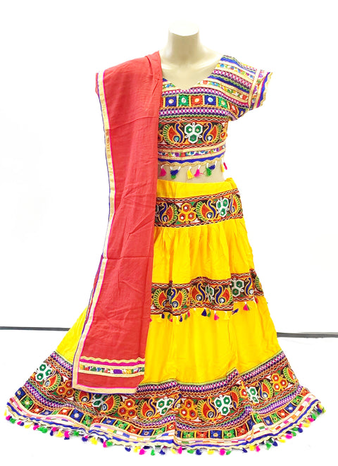Yellow colour cotton based chaniya choli with mirror work