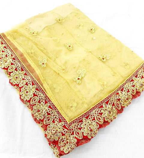 golden colour netting dupatta with stone work & Maroon border handwork
