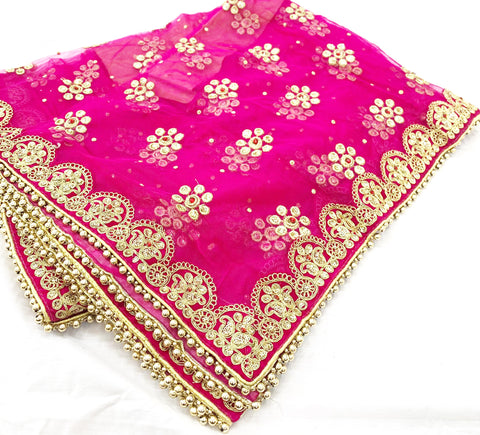 Hot pink colour netting  bridal dupatta with stone work & border handwork with beaded lace