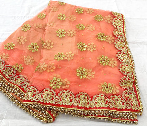 peach colour netting  bridal dupatta with stone work & border handwork with beaded lace