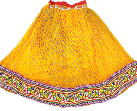 mustard colour chiffon based multicoloured embroidered border with mirror work lehnga