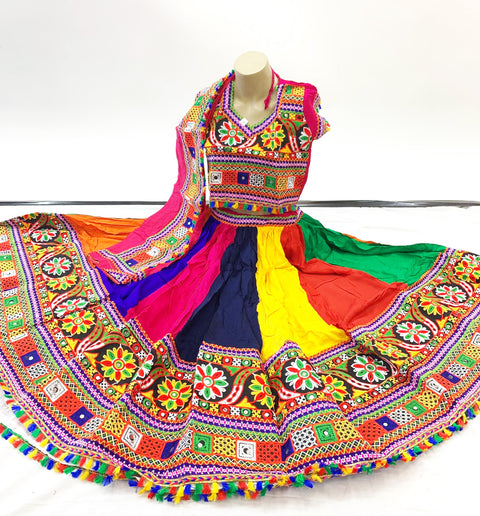 multicoloured cotton based heavy work chaniya choli