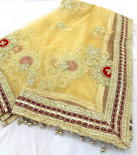 golden colour netting dupatta with stone work & Maroon border handwork