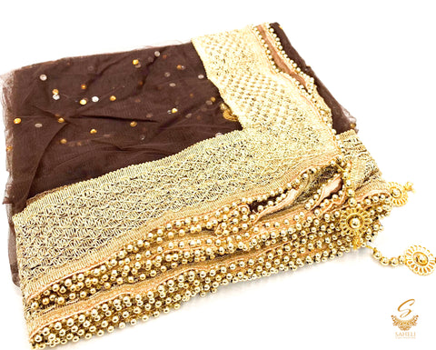 dark brown colour netting dupatta with lace border and beaded lace with latkan