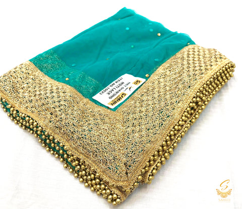 sea green colour netting dupatta with lace border and beaded lace