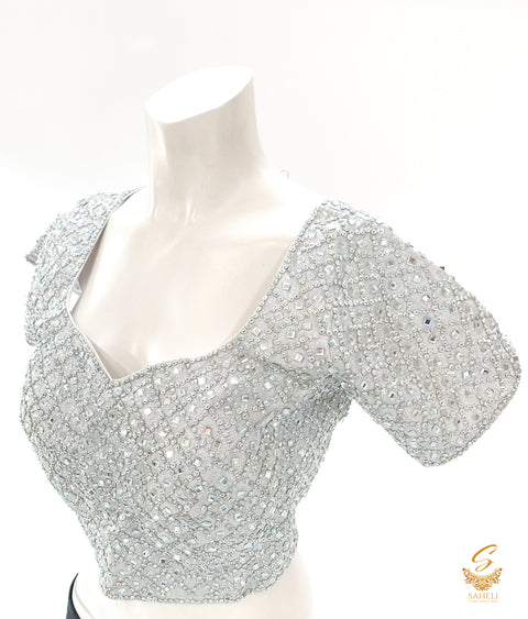 Size 44 Heavy stone beaded silver blouse with back hooks with deep back (upto size 46)