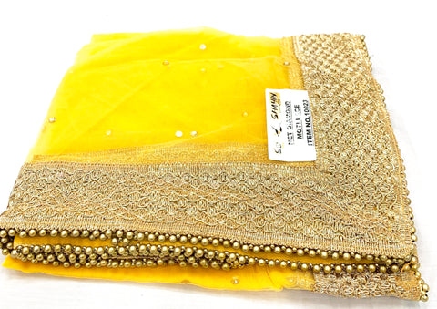 yellow colour netting dupatta with lace border and beaded lace with latkan