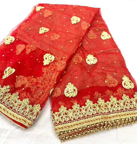 red colour netting  bridal dupatta with stone work & border handwork with beaded lace