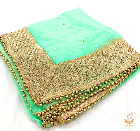 sea foam colour netting dupatta with lace border and beaded lace with latkan
