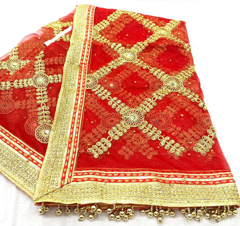 red colour netting dupatta with stone work & border handwork