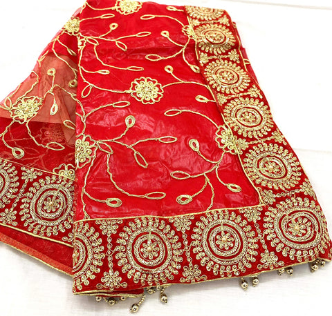 red colour netting dupatta with stone work & border handwork