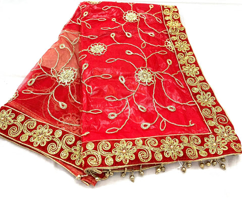 red colour netting dupatta with stone work & border handwork