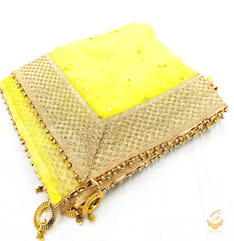 yellow colour netting dupatta with lace border and beaded lace with latkan