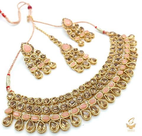 Peach and golden stone beautiful necklace set