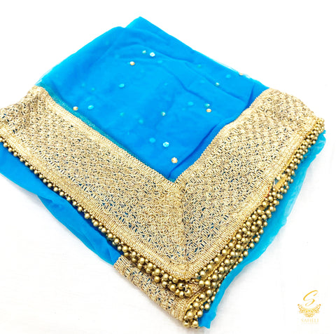 firozi colour netting dupatta with lace border and beaded lace with latkan