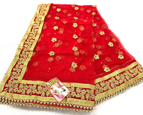 Red colour netting bridal embroidered dupatta with embroidered border and beaded lace