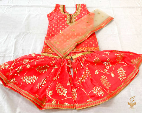 Peachy Pink Sharara Suit With Contrast
