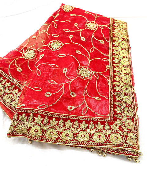 red colour netting dupatta with stone work & border handwork