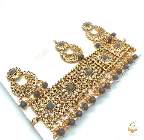 grey and golden stone beautiful squared shape choker set