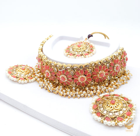Golden And pink Stone Chokar Set With Heavy Topas And Tikka