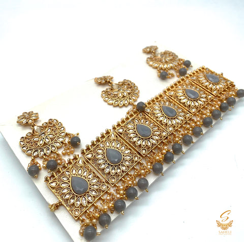 grey and golden stone beautiful squared shape choker set