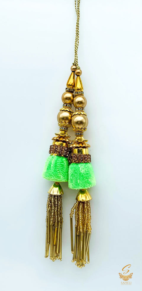 Lime green velvet based jerkan and pipe work beautiful latkan 16cm (pair)