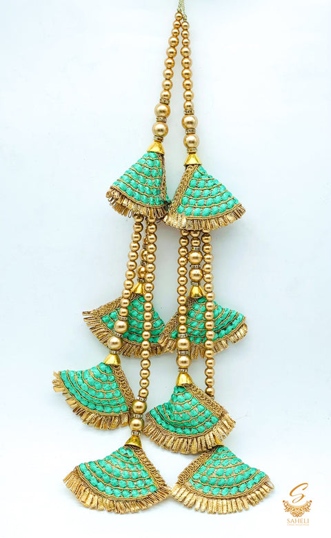 Sea green colour cushioned designed with golden pearls long latkans 35cm (pair)