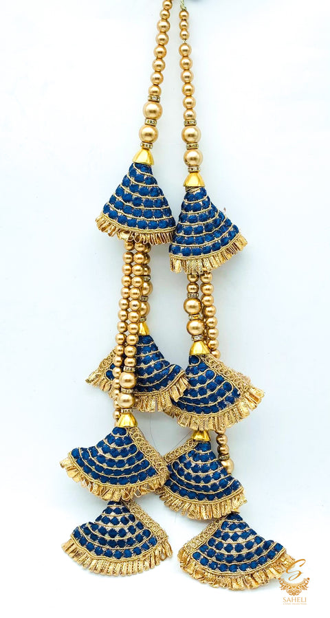 royal blue colour cushioned designed with golden pearls long latkans 35cm (pair)