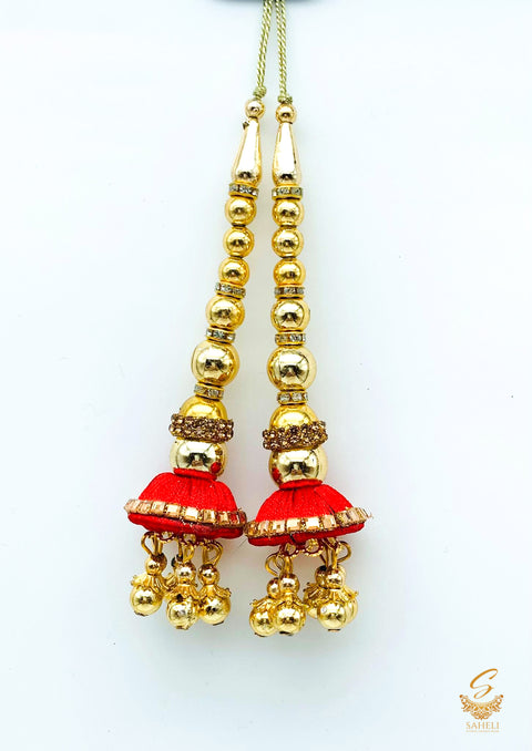 red colour thread work with pearls & jerkan work latkans 11cm (pair)