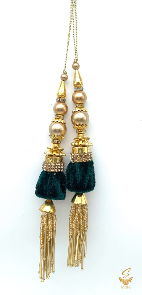 Deep bottle green velvet based jerkan and pipe work beautiful latkan 16cm (pair)