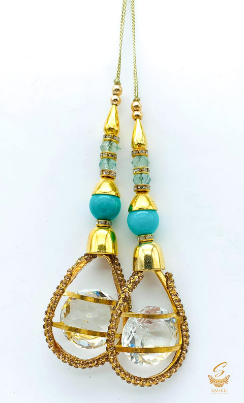 Sea foam colour  gold pearls with jerkan and crystal stone latkan 12 cm (pair)