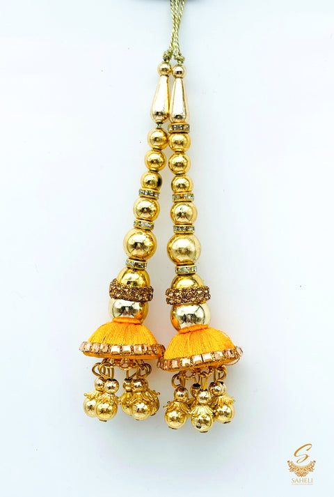 mustard colour thread work with pearls & jerkan work latkans 11cm (pair)