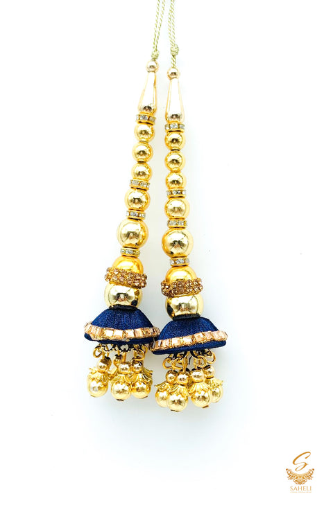 Nevi blue  colour thread work with pearls & jerkan work latkans 11cm (pair)