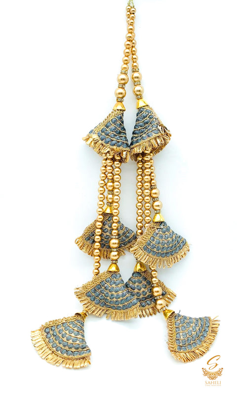 grey colour cushioned designed with golden pearls long latkans 35cm (pair)