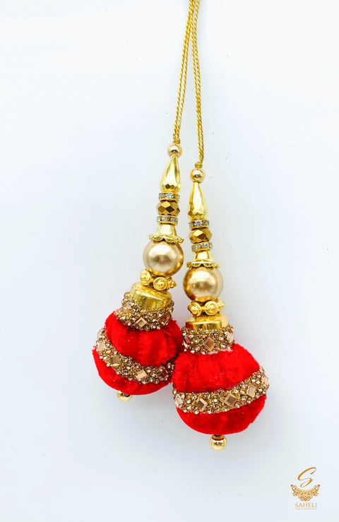 Dark red shade velvet based with stone  & jerkan work latkans 8 cm (pair)