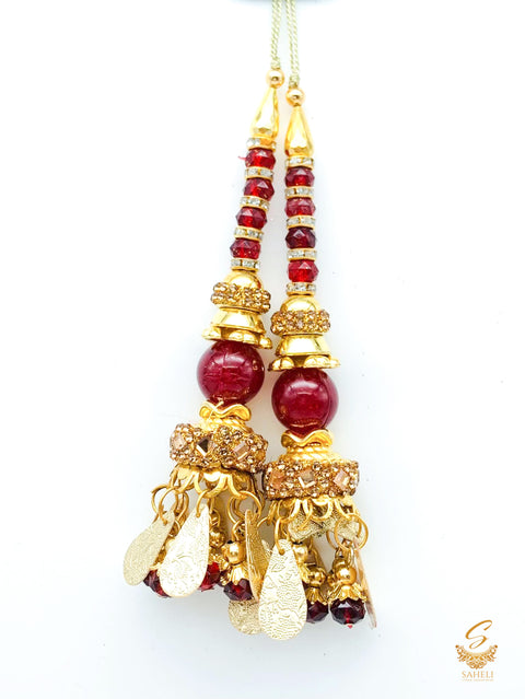 Maroon  pearls with stone work & jerkan work latkans 11cm (pair)