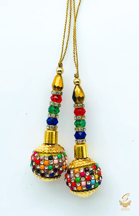 Multicoloured stone work & jerkan work latkans 8cm (pair)