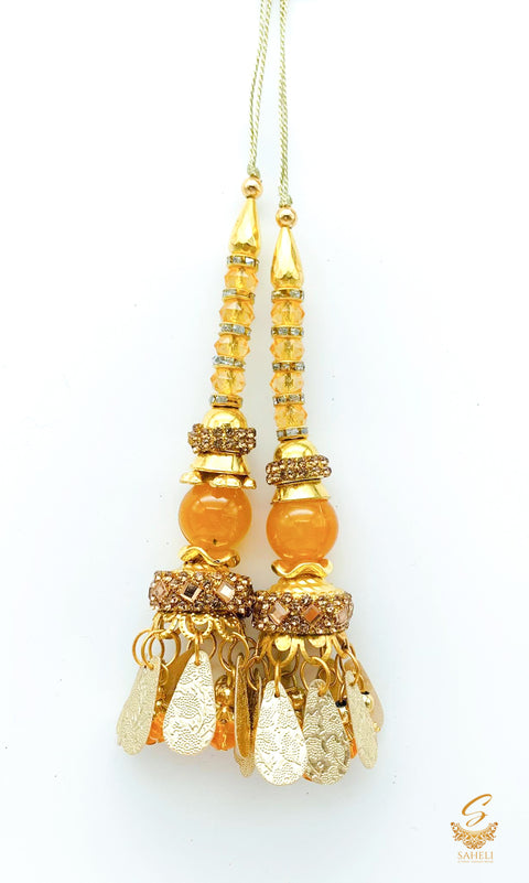 dark mustard & orange   pearls with stone work & jerkan work latkans 11cm (pair)