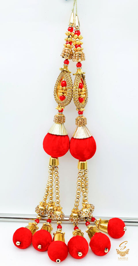 red and  Golden Jerkan With Crystal Stone Long Latkan 35cm (Pair)