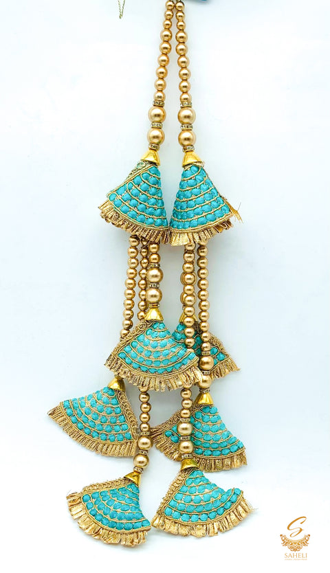 teal  colour cushioned designed with golden pearls long latkans 35cm (pair)