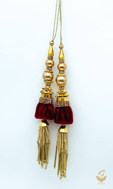 Maroon velvet based jerkan and pipe work beautiful latkan 16cm (pair)